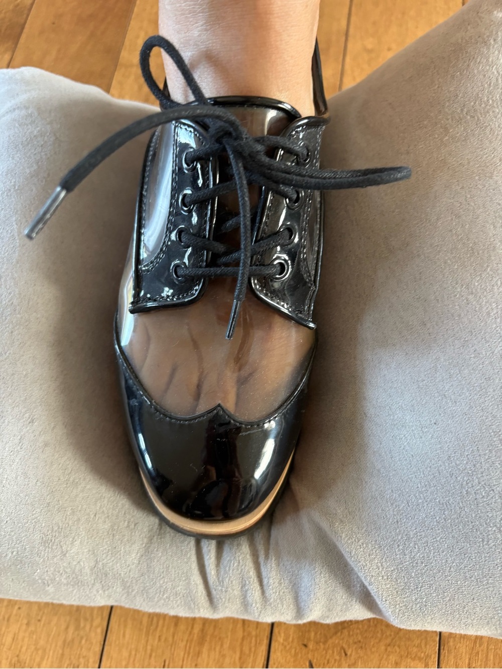 Black Patent Lace-Up Oxford Flat with Transparent Panel us8
